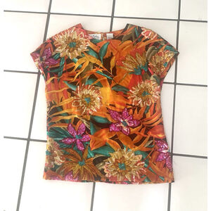 Stunning Vintage Bob Mackie Sequin Beaded Tropical Print Silk Top 4